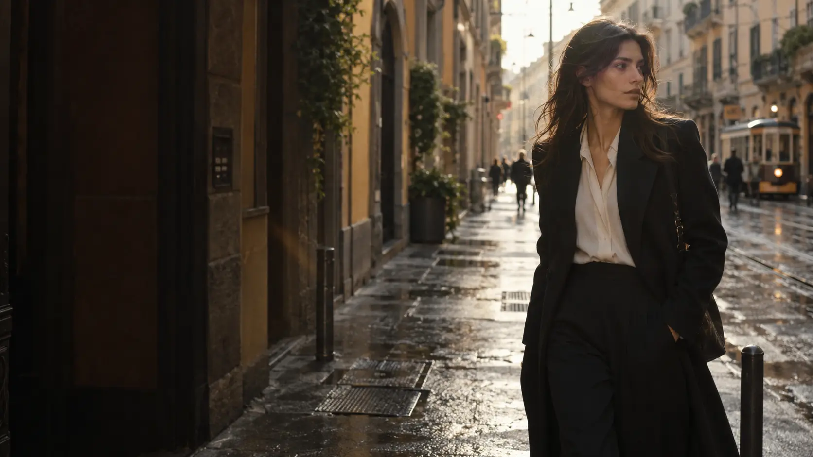 A woman walking through Brera after rain
